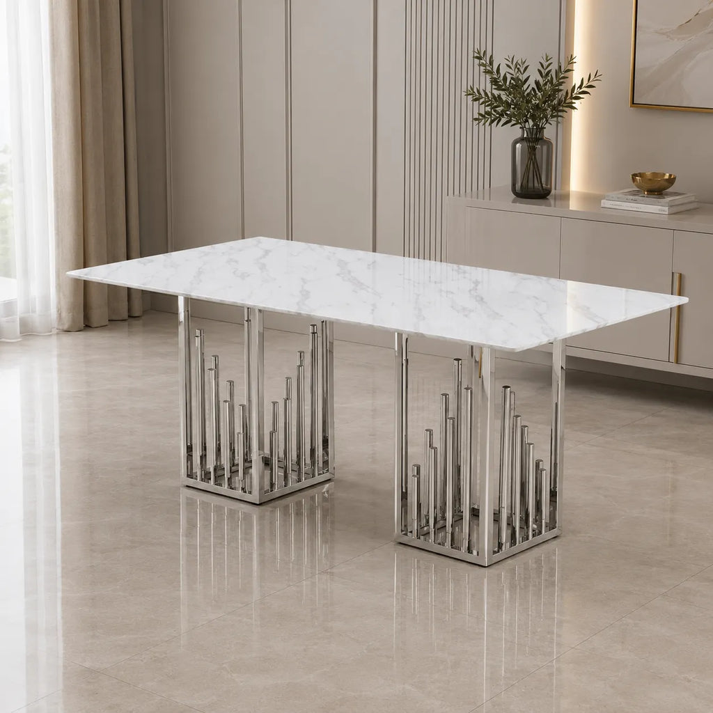 Table à manger marbre blanc argent RITA