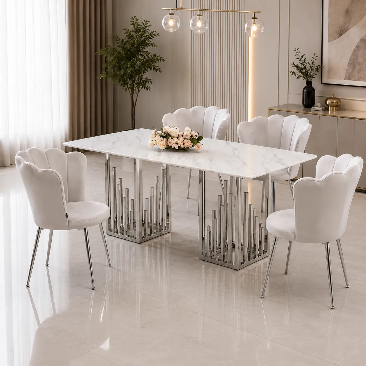 Table à manger marbre blanc argent RITA