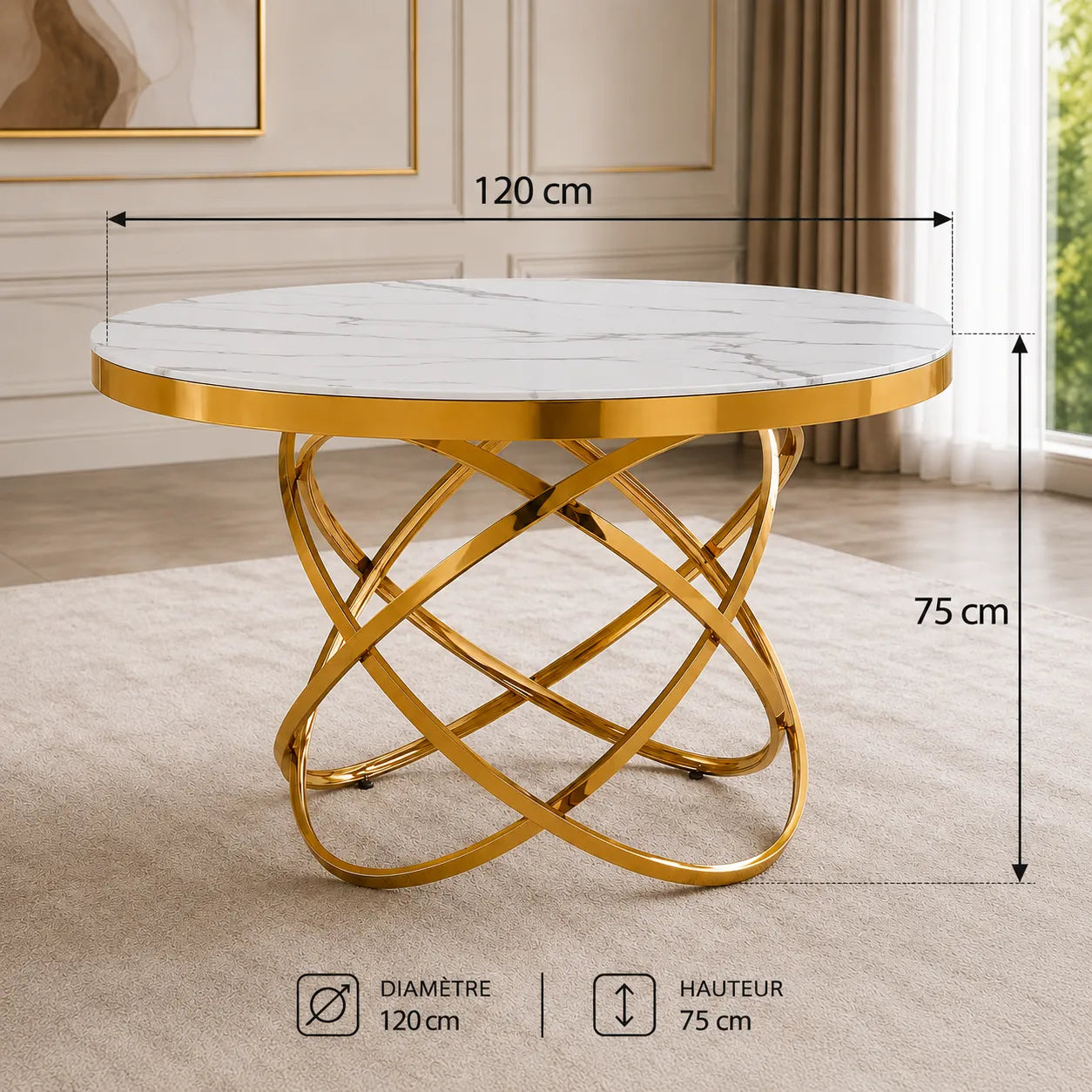Table à manger marbre blanc doré EVO