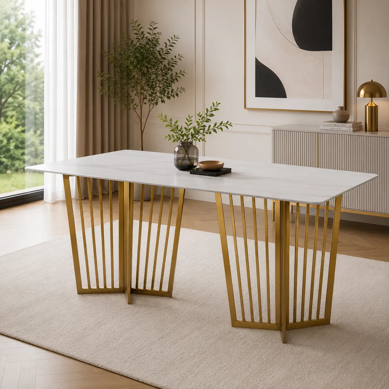 Table à manger marbre blanc doré PERLA