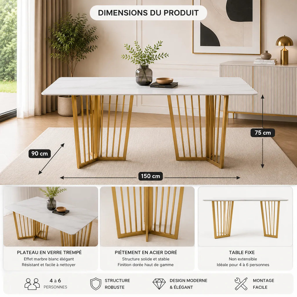 Table à manger marbre blanc doré PERLA