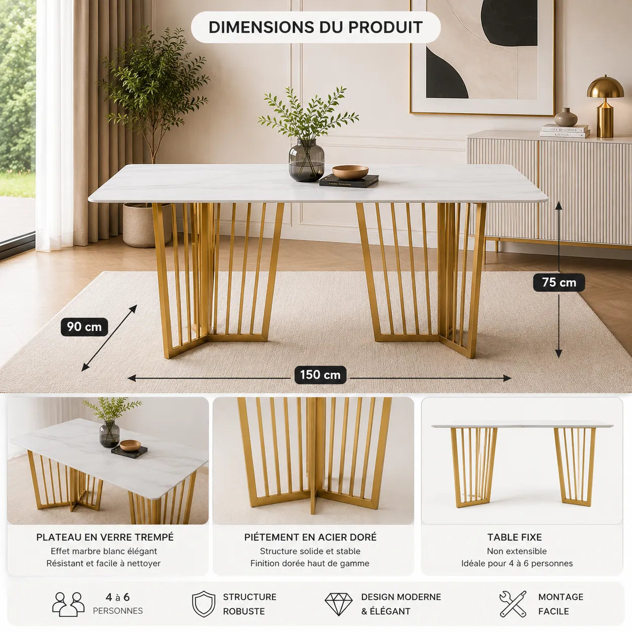 Table à manger marbre blanc doré PERLA