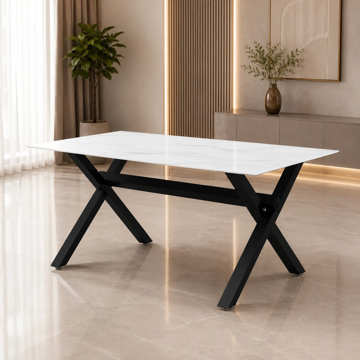 Table à manger marbre blanc pied  CROSS
