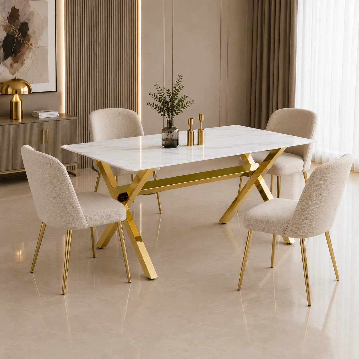 Table à manger marbre blanc pied  CROSS