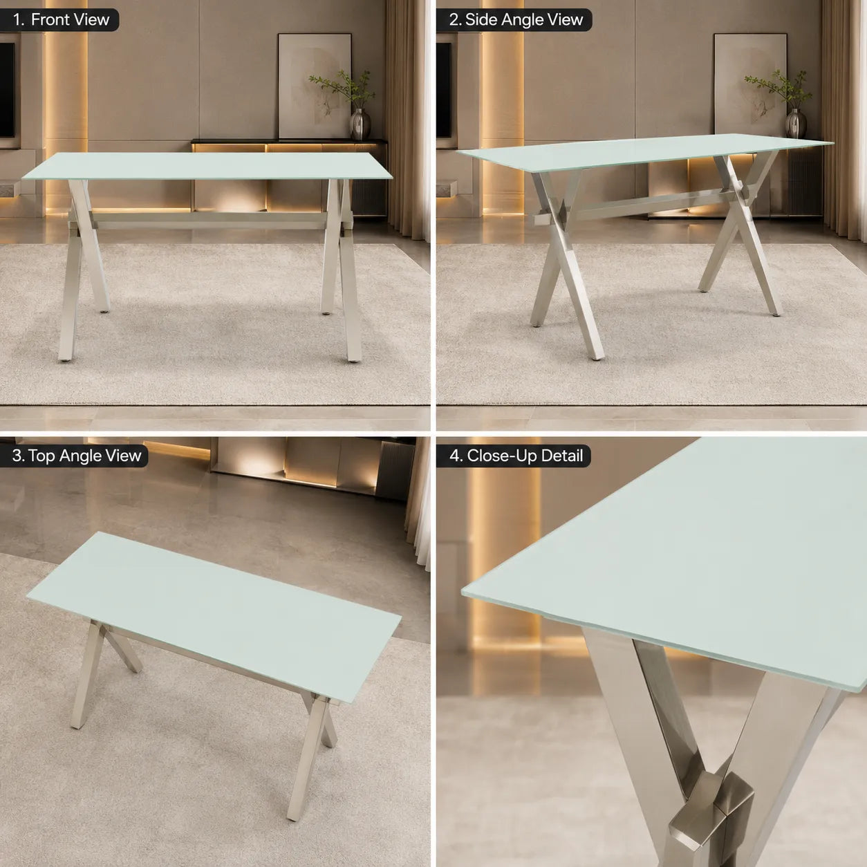 Table à manger marbre blanc pied argent CROSS