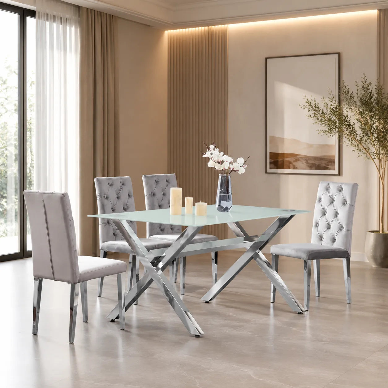 Table à manger marbre blanc pied argent CROSS