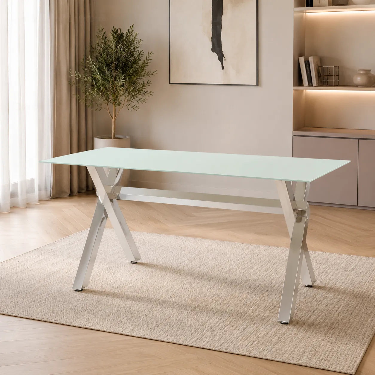 Table à manger marbre blanc pied argent CROSS