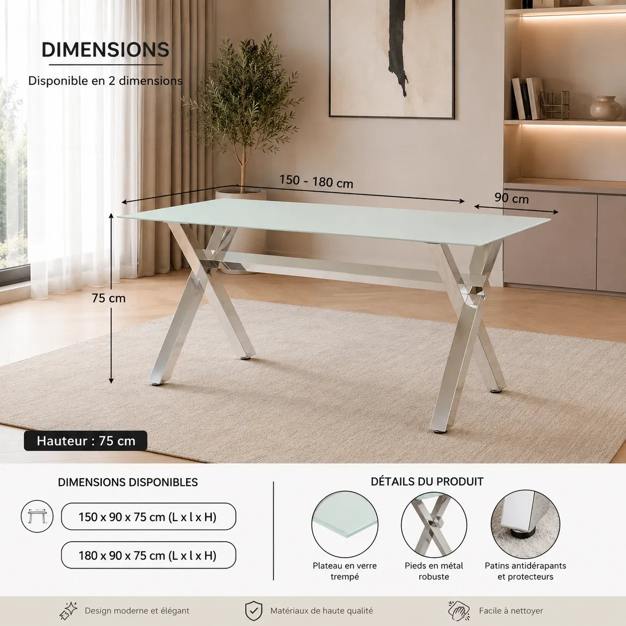 Table à manger marbre blanc pied argent CROSS