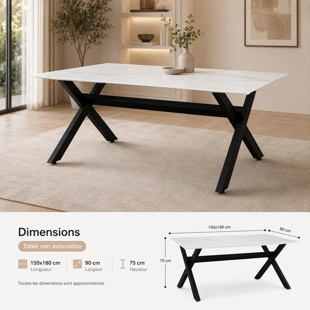 Table à manger marbre blanc pied noir CROSS