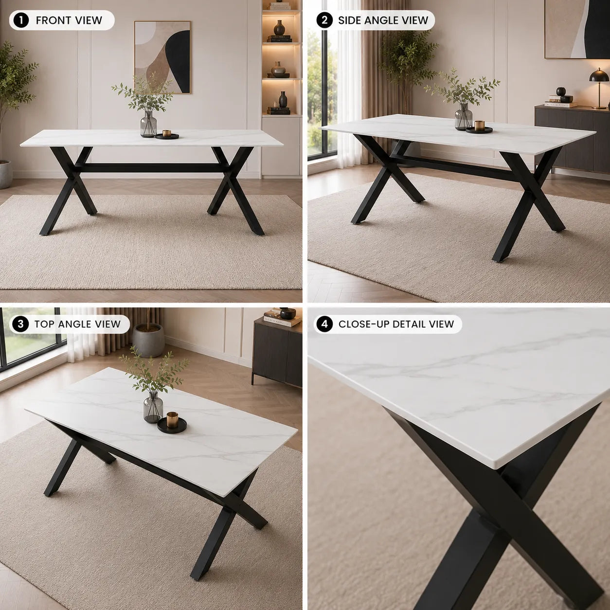 Table à manger marbre blanc pied noir CROSS