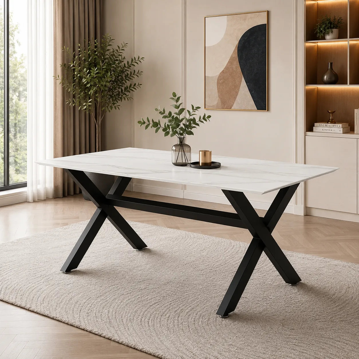 Table à manger marbre blanc pied noir CROSS