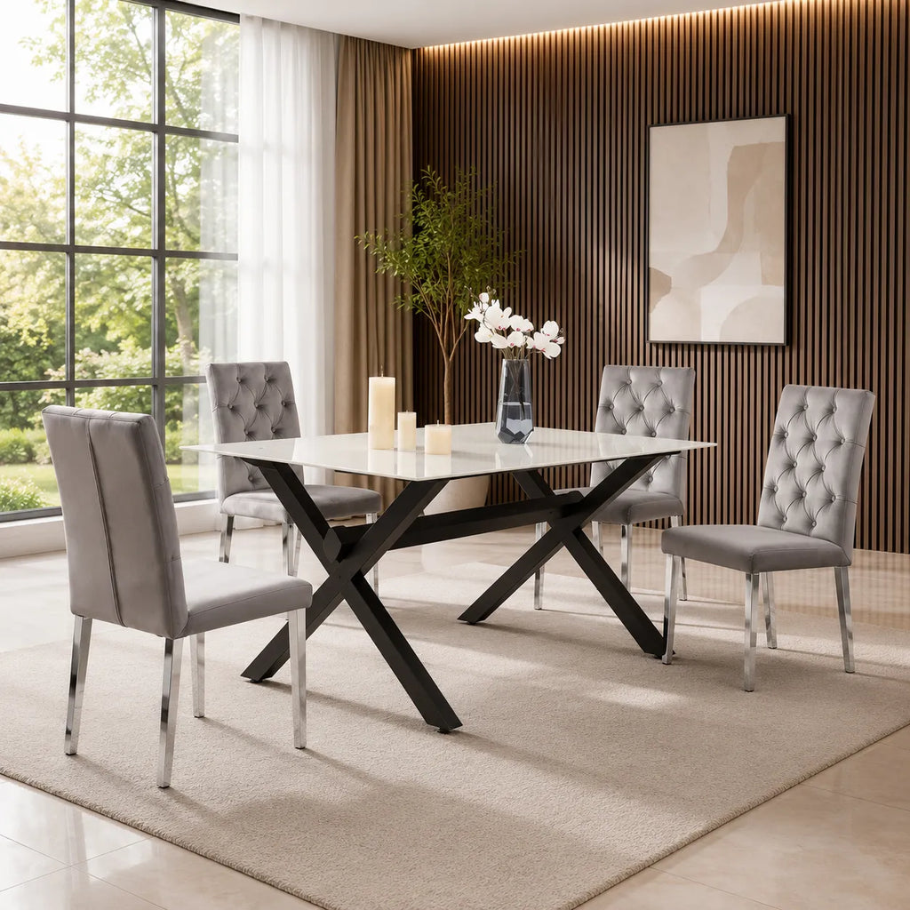 Table à manger marbre blanc pied noir CROSS