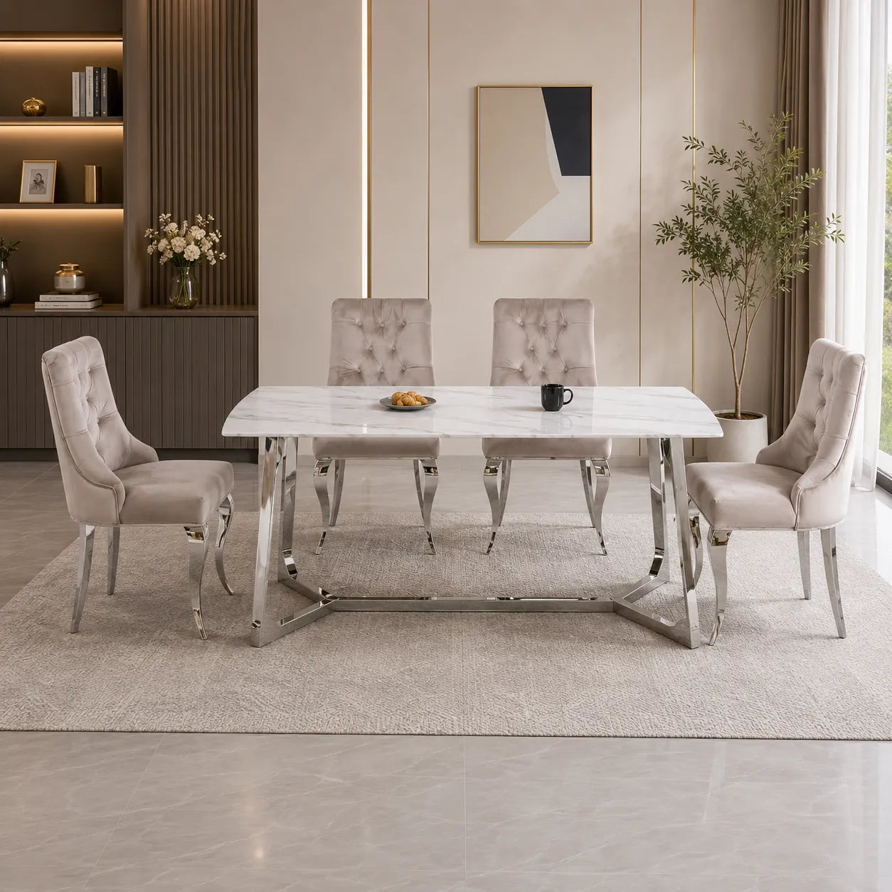 Table à manger rectangulaire design effet marbre blanc et argenté JOHANNA