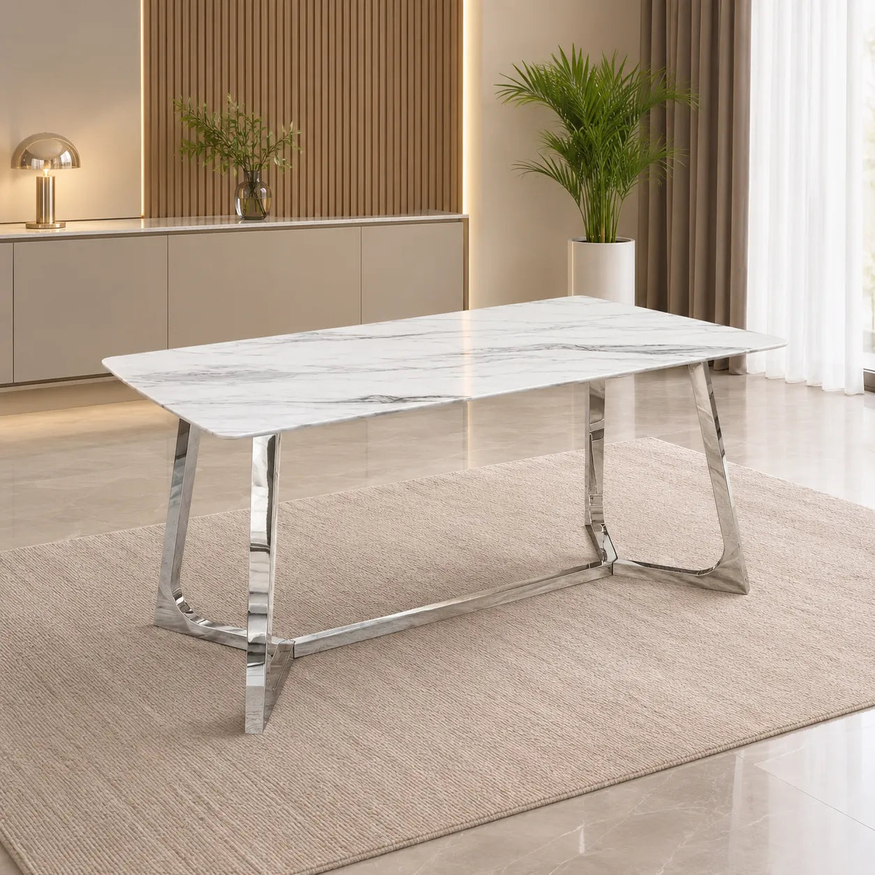 Table à manger rectangulaire design effet marbre blanc et argenté JOHANNA