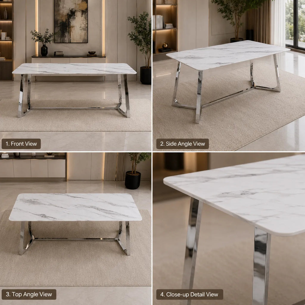 Table à manger rectangulaire design effet marbre blanc et argenté JOHANNA