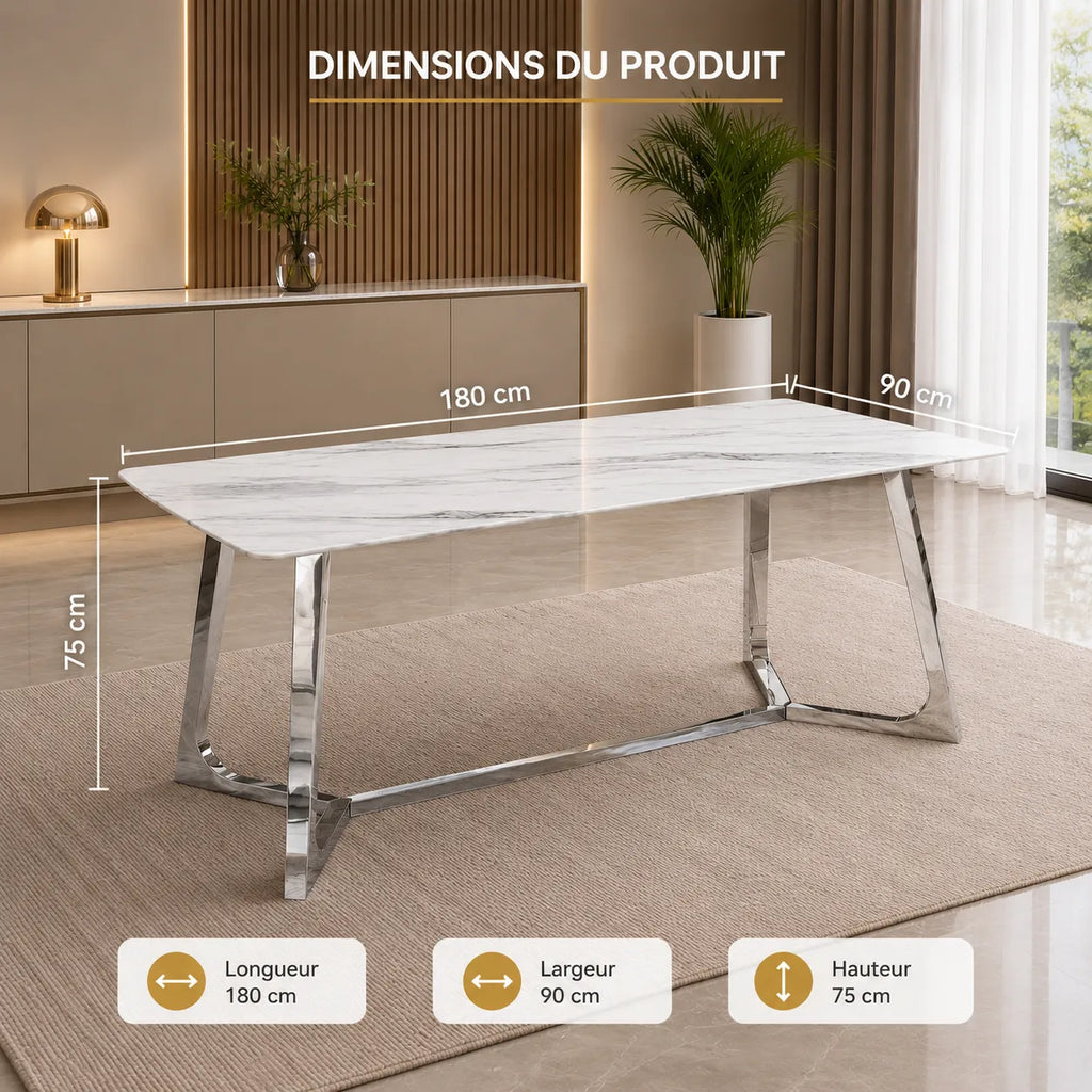 Table à manger rectangulaire design effet marbre blanc et argenté JOHANNA