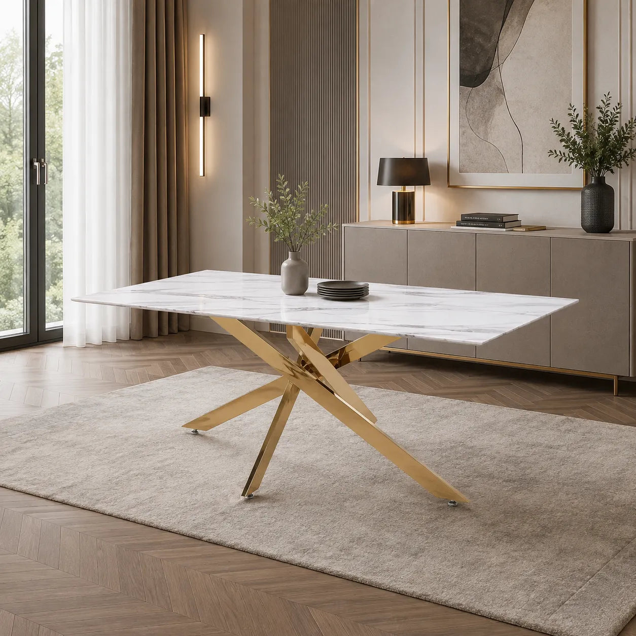 Table à manger rectangulaire design verre marbré et pieds dorés 6 personnes MELISSA