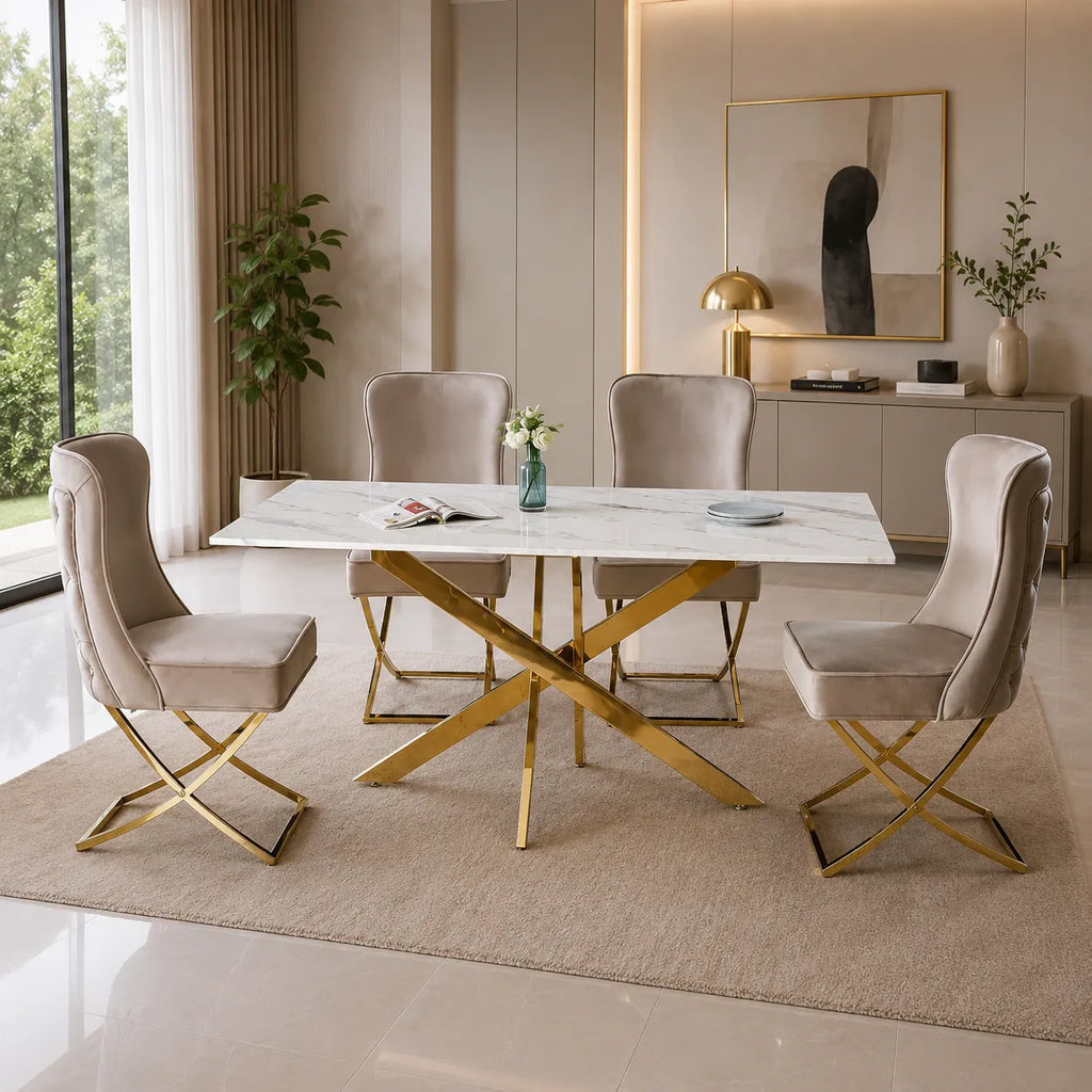 Table à manger rectangulaire design verre marbré et pieds dorés 6 personnes MELISSA