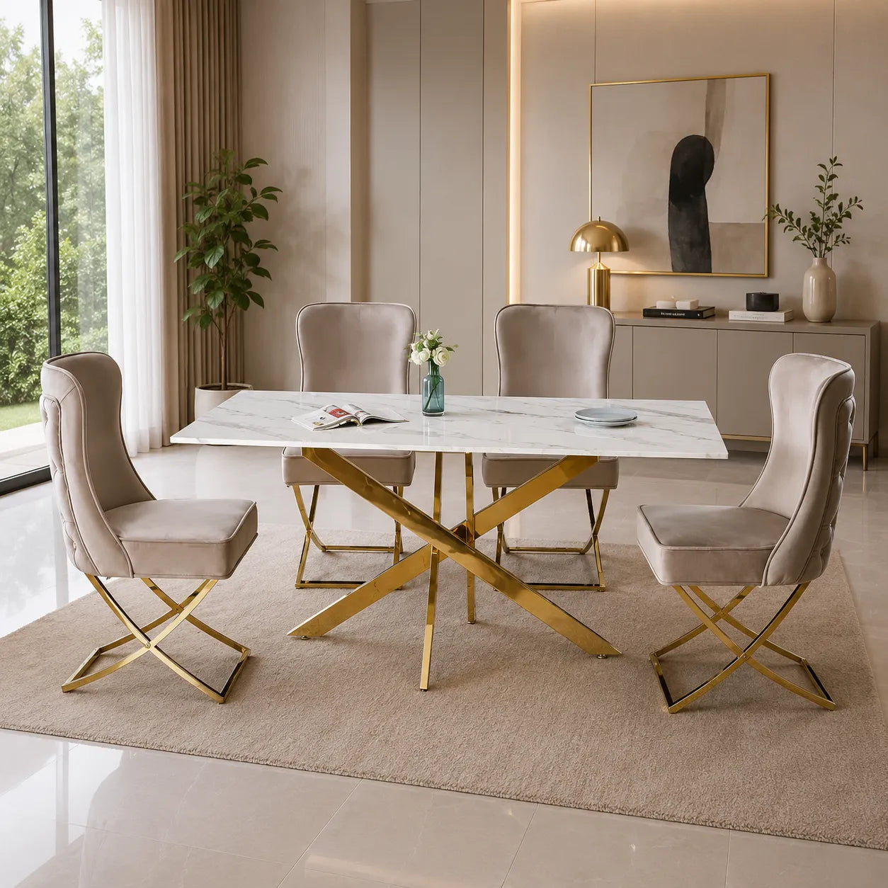 Table à manger rectangulaire design verre marbré et pieds dorés 6 personnes MELISSA