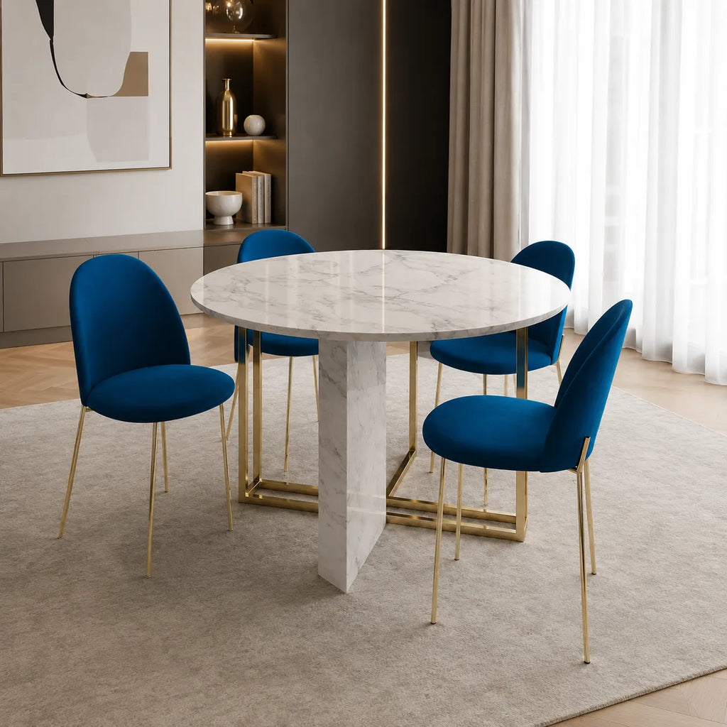 Table à manger ronde design effet marbre blanc et doré ERIKA