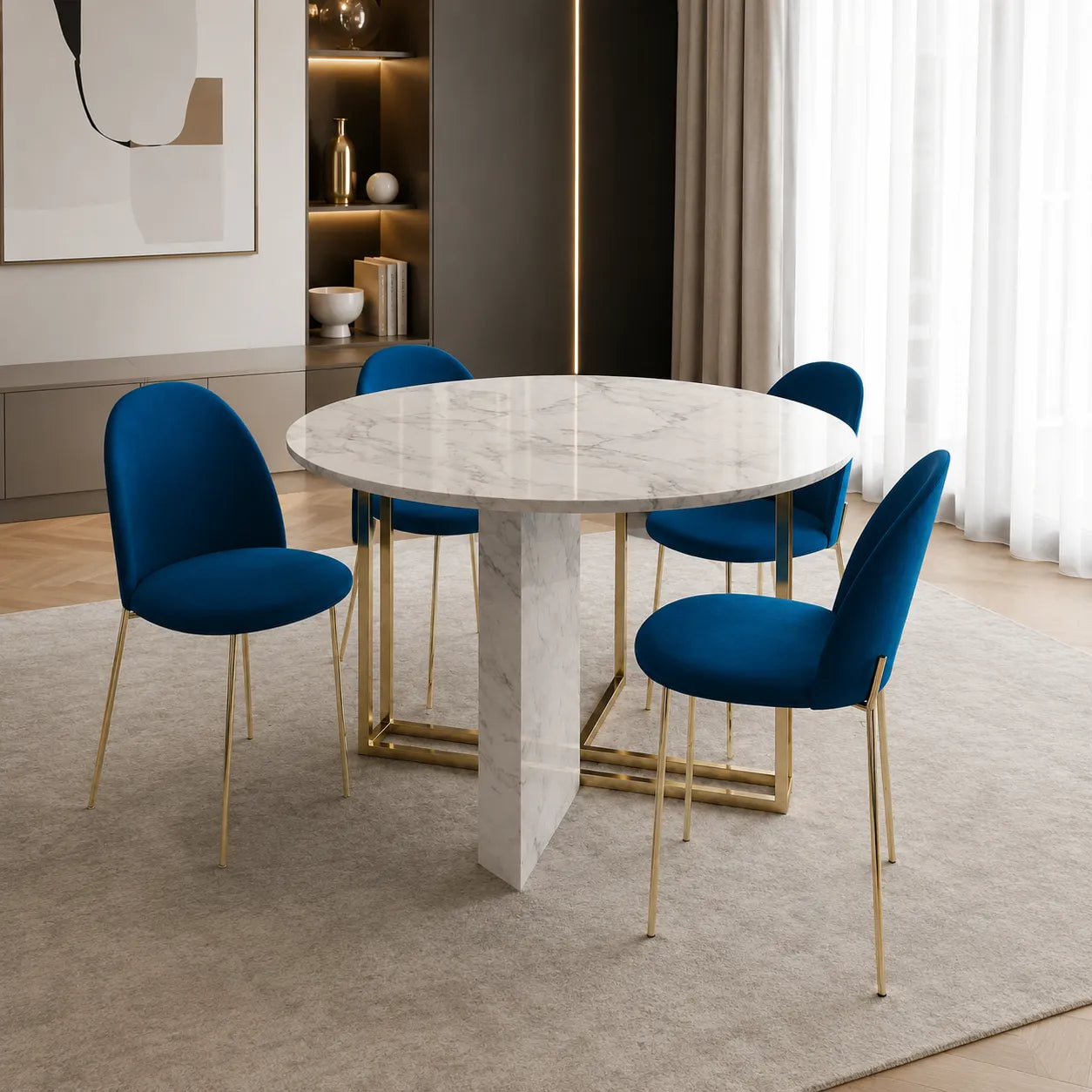 Table à manger ronde design effet marbre blanc et doré ERIKA