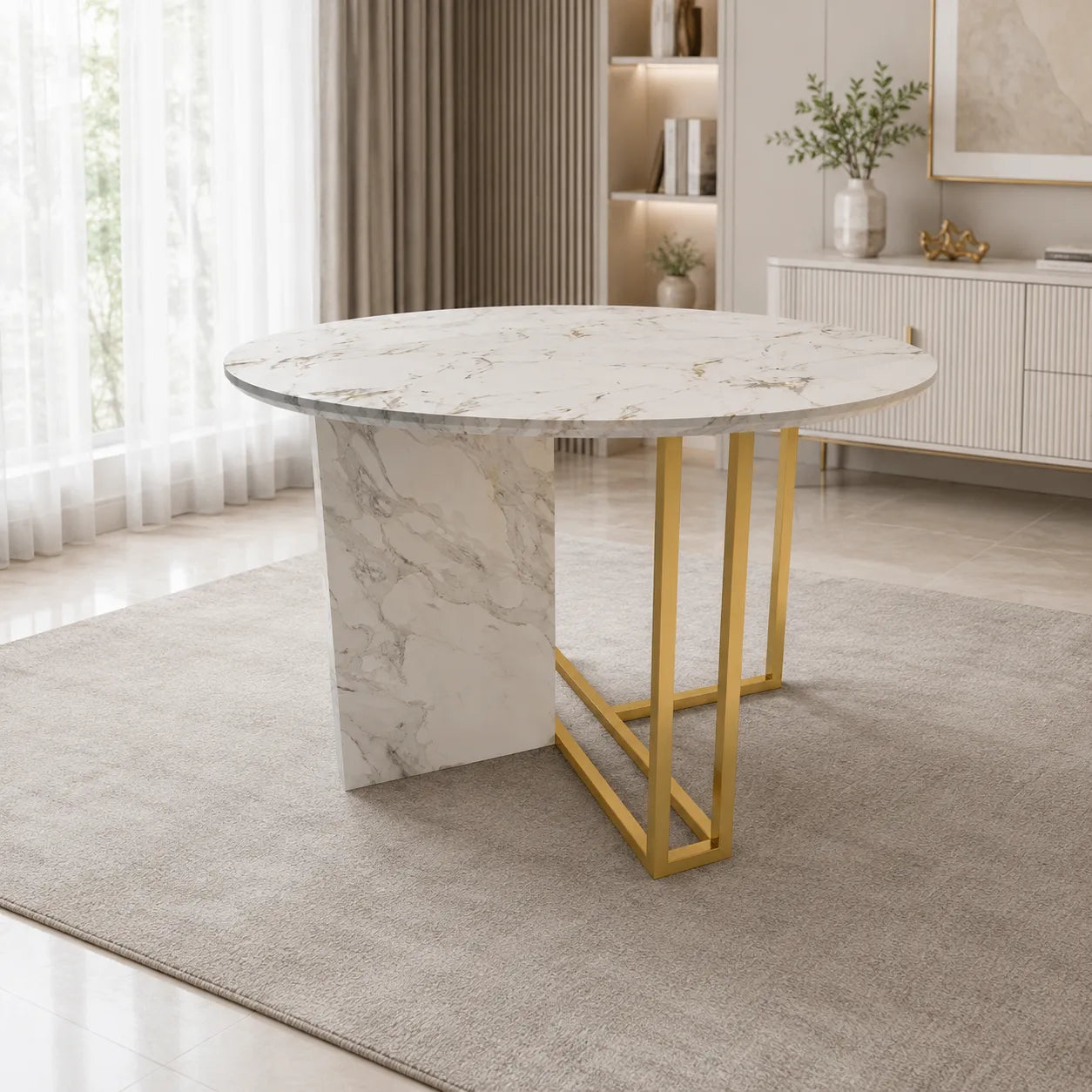 Table à manger ronde design effet marbre blanc et doré ERIKA