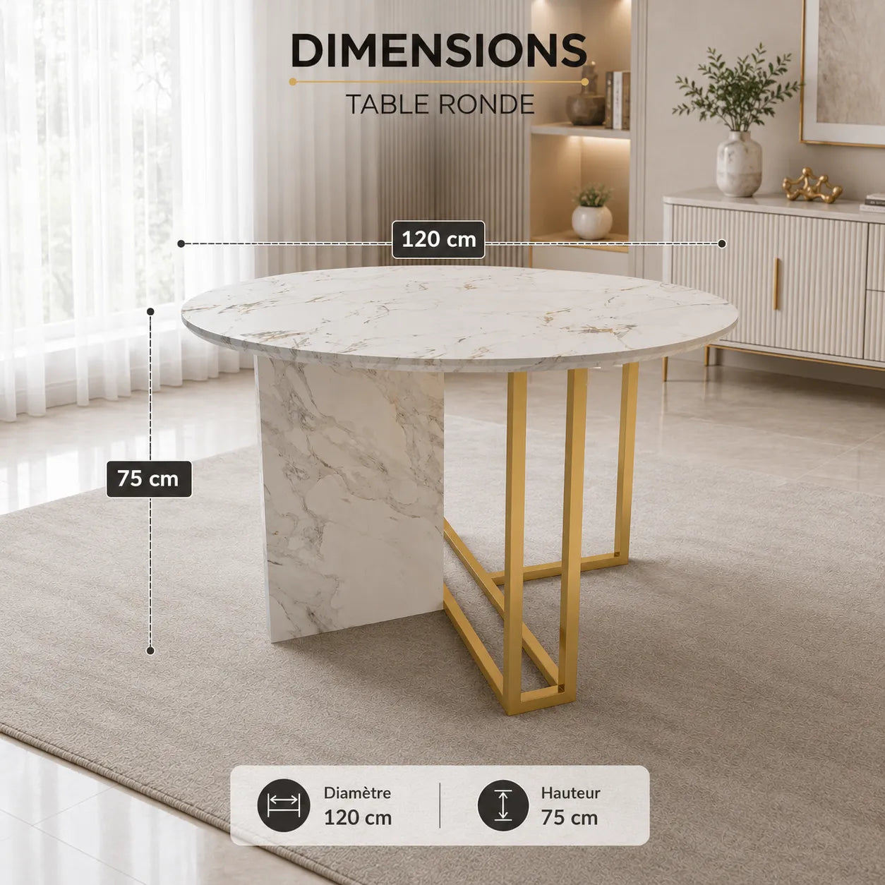 Table à manger ronde design effet marbre blanc et doré ERIKA