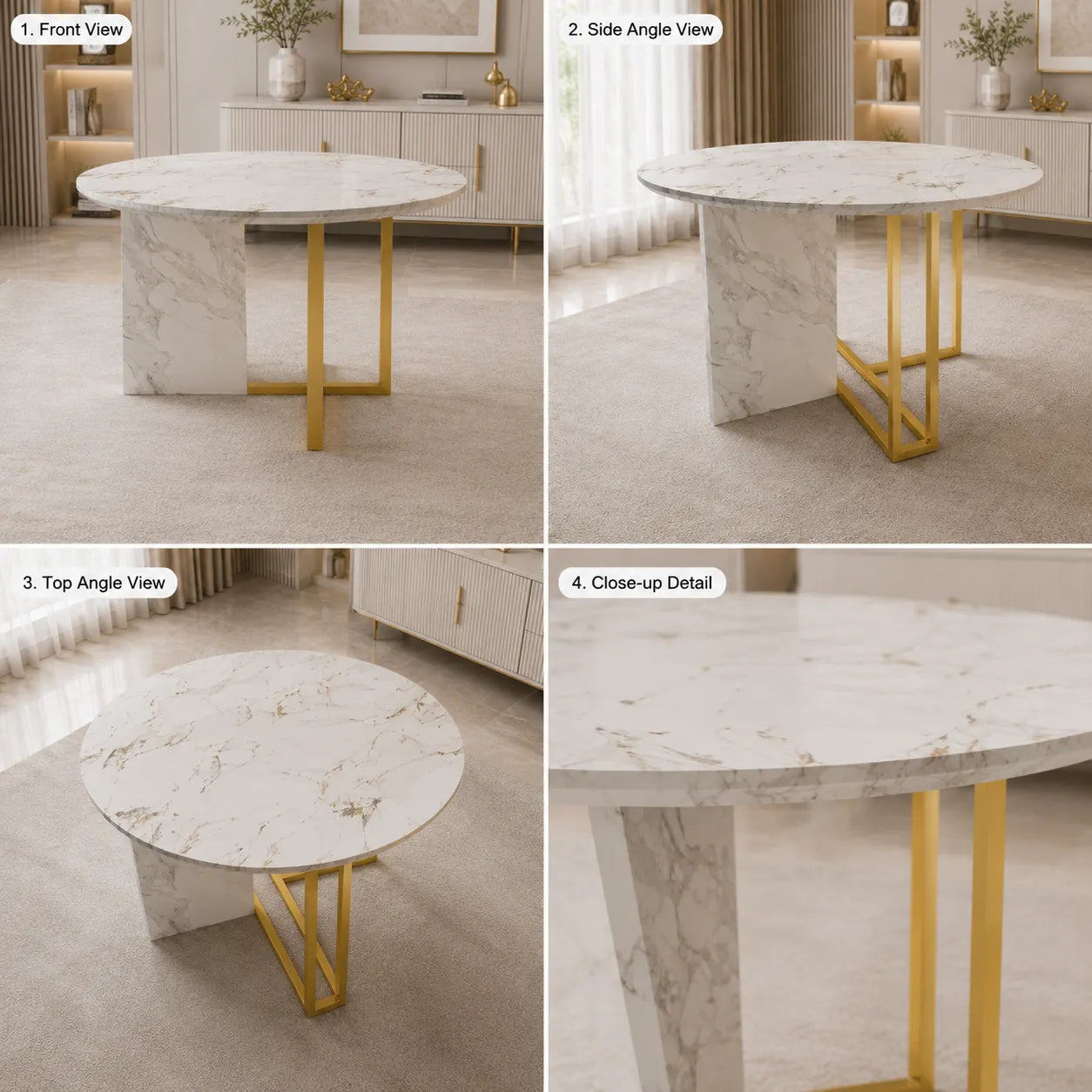 Table à manger ronde design effet marbre blanc et doré ERIKA