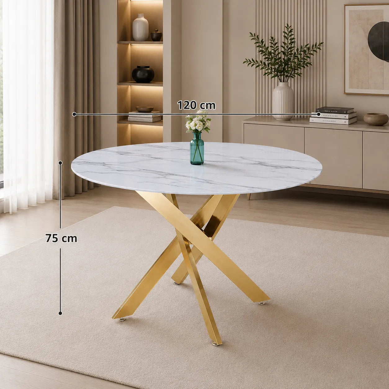 Table à manger ronde design verre marbré et pieds dorés 4 personnes MELISSA