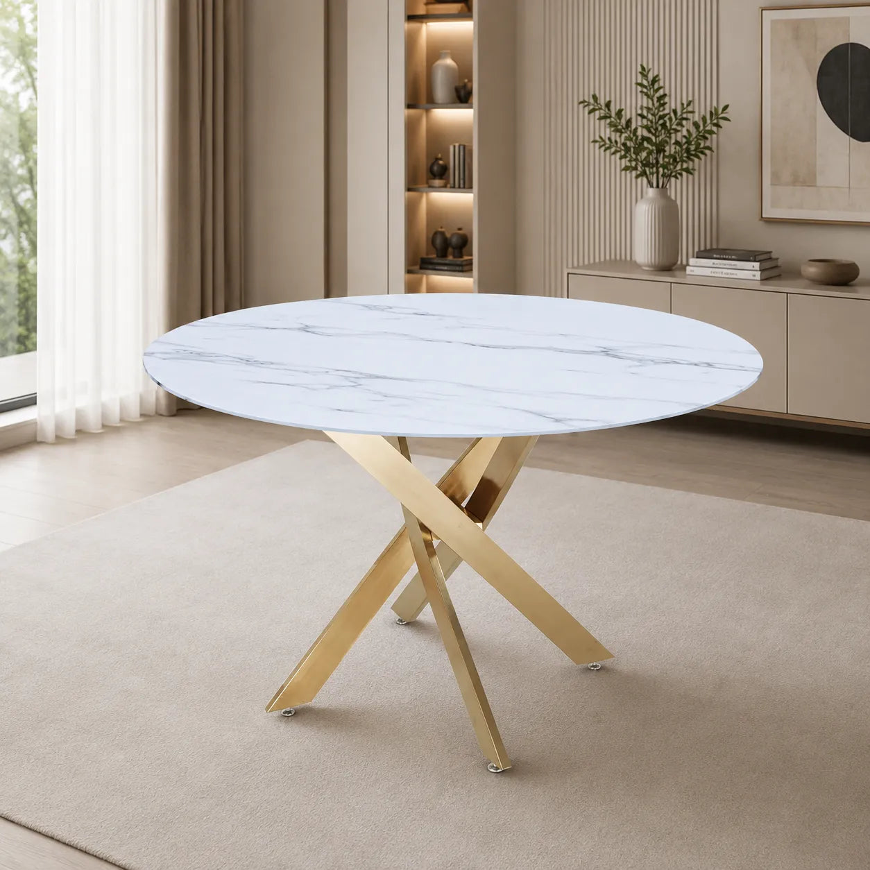 Table à manger ronde design verre marbré et pieds dorés 4 personnes MELISSA