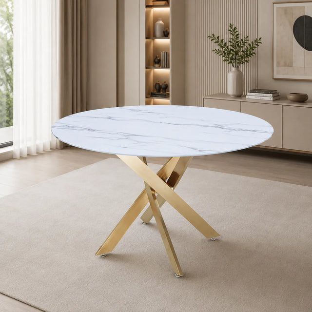 Table à manger ronde design verre marbré et pieds dorés 4 personnes MELISSA