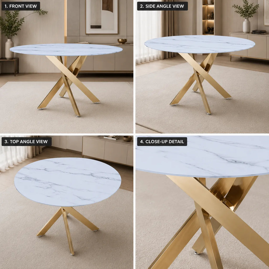 Table à manger ronde design verre marbré et pieds dorés 4 personnes MELISSA