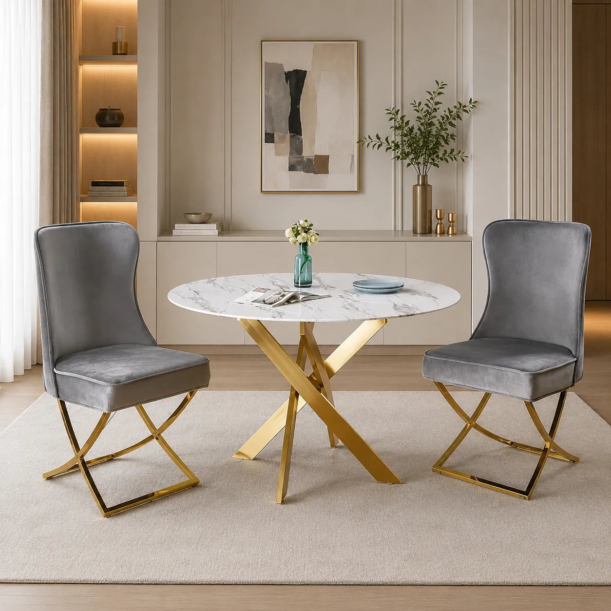 Table à manger ronde design verre marbré et pieds dorés 4 personnes MELISSA