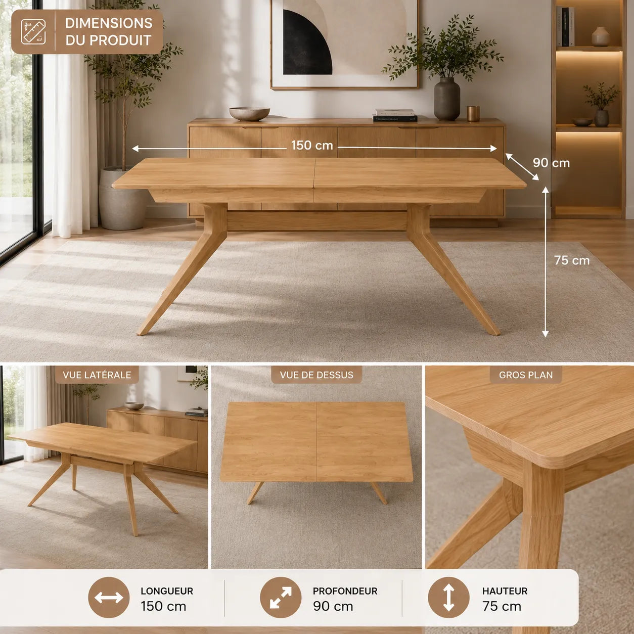 Table à manger en bois à rallonge croisée