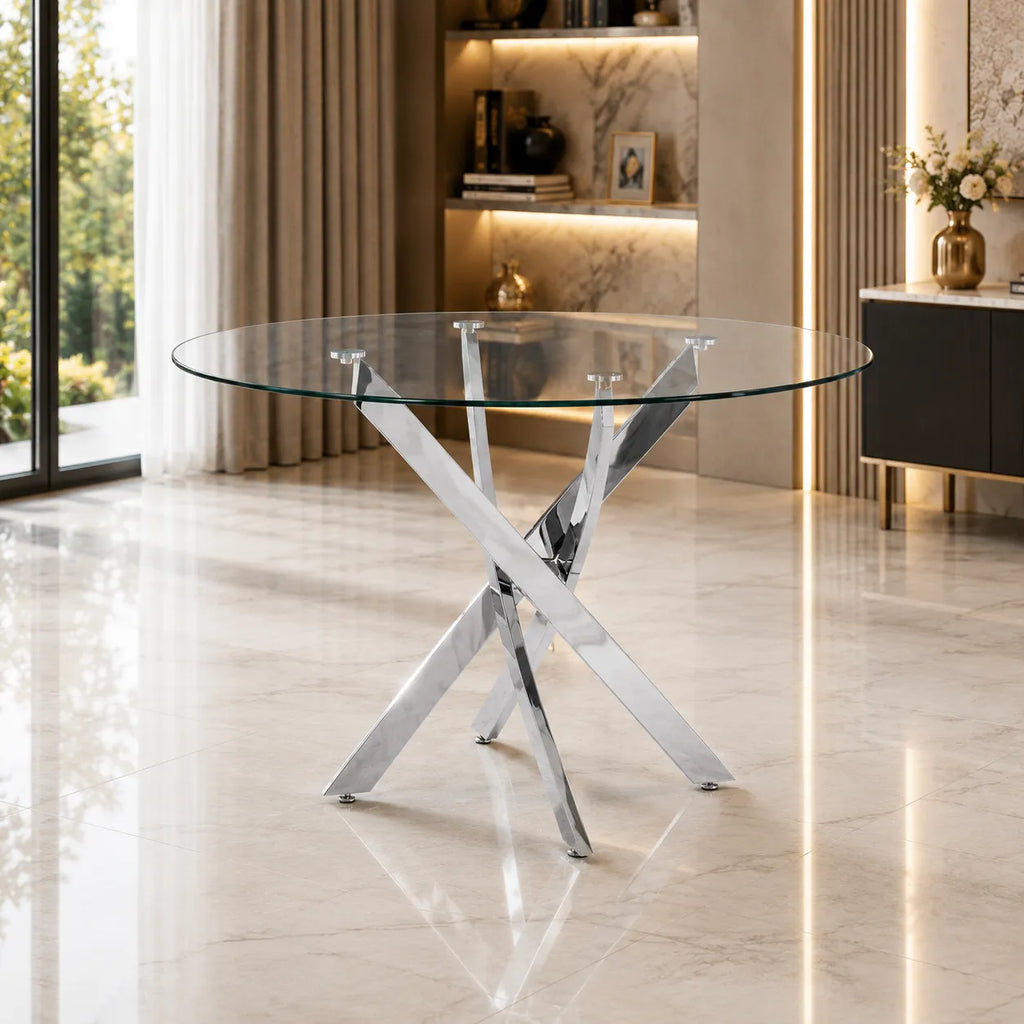 Table à manger ronde en verre pieds argentés JUNE