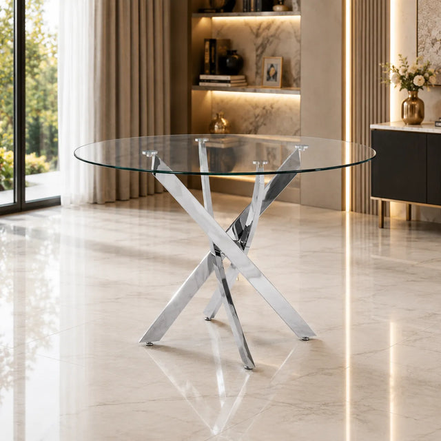 Table à manger ronde en verre pieds argentés JUNE