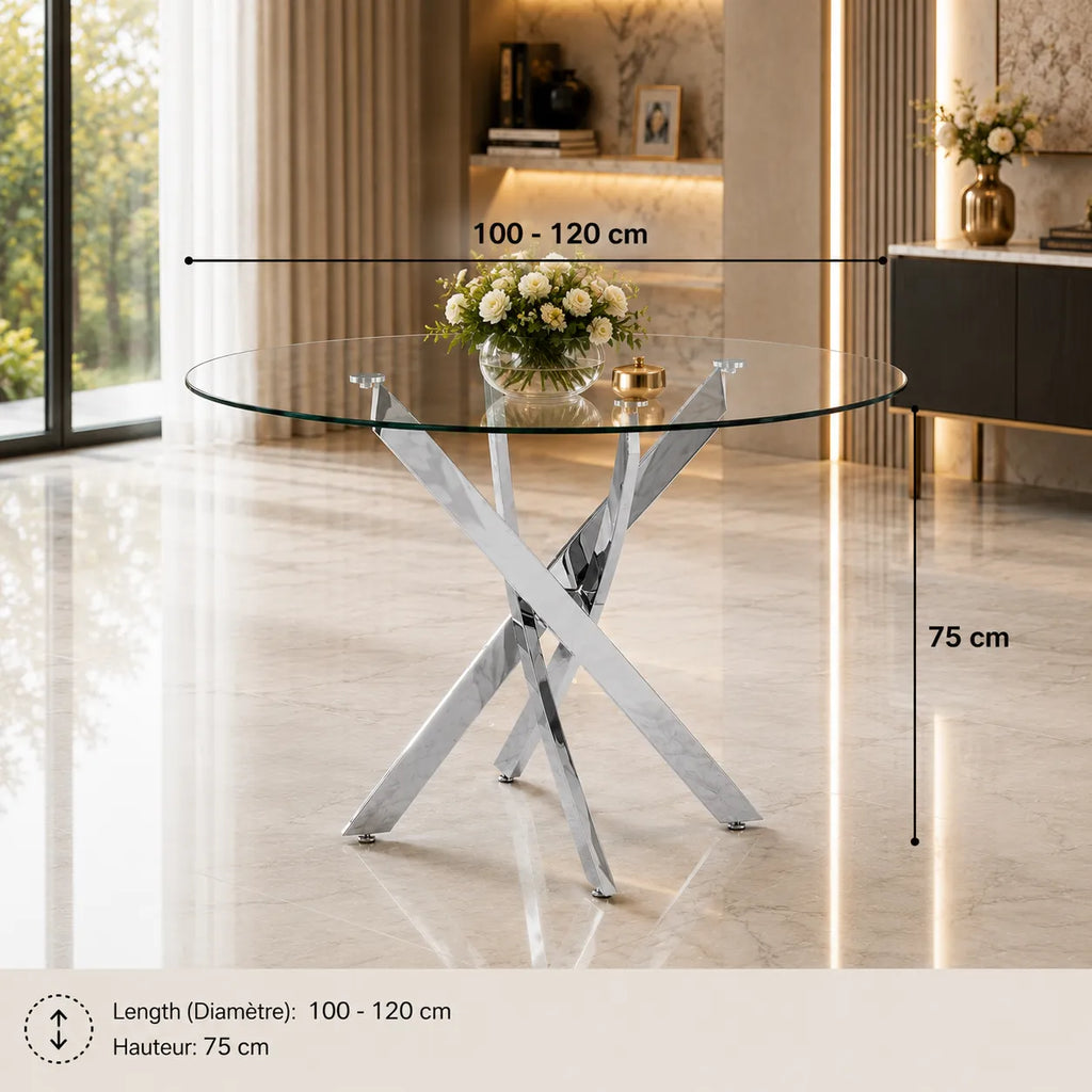 Table à manger ronde en verre pieds argentés JUNE