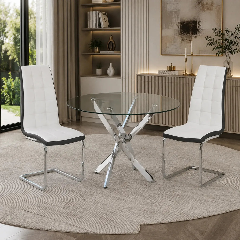 Table à manger ronde en verre pieds argentés JUNE
