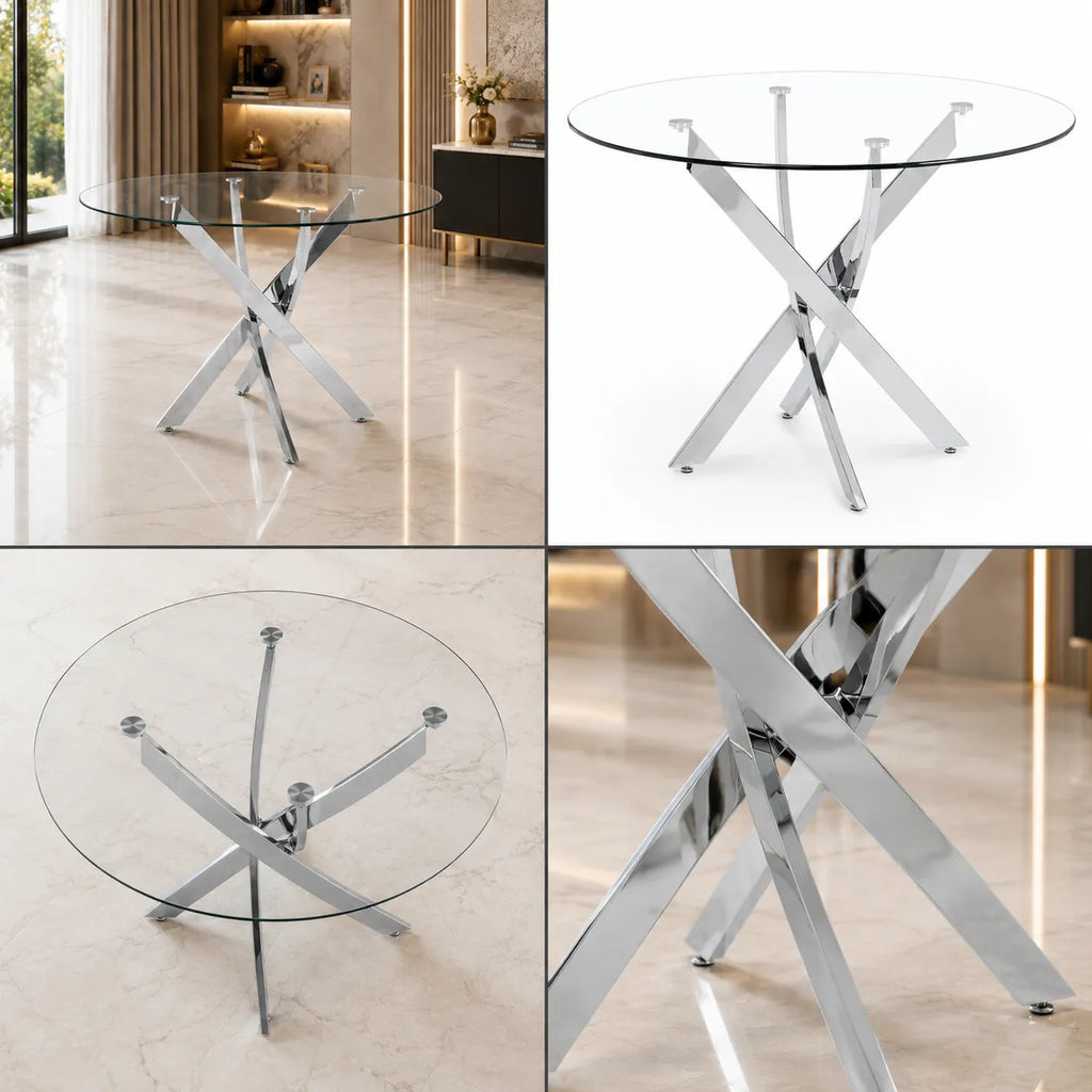 Table à manger ronde en verre pieds argentés JUNE