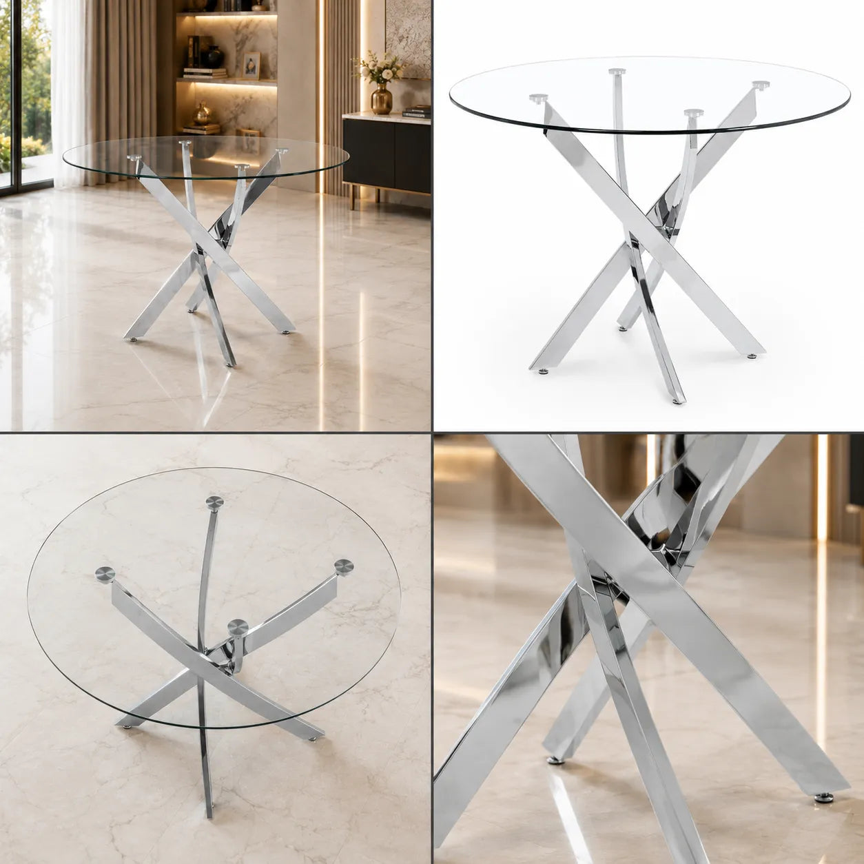 Table à manger ronde en verre pieds argentés JUNE