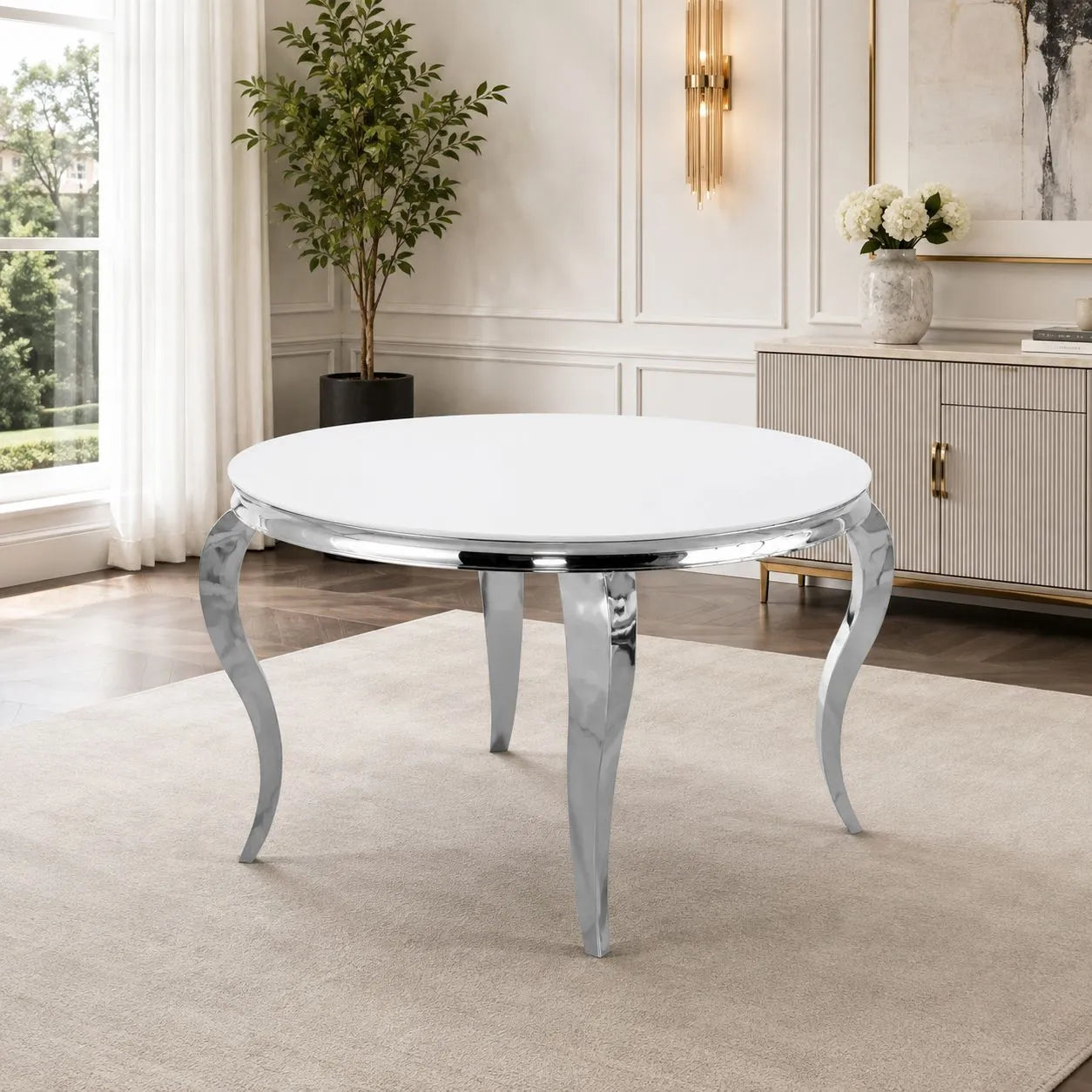 Table avec 4 chaises ronde argent blanc NEO