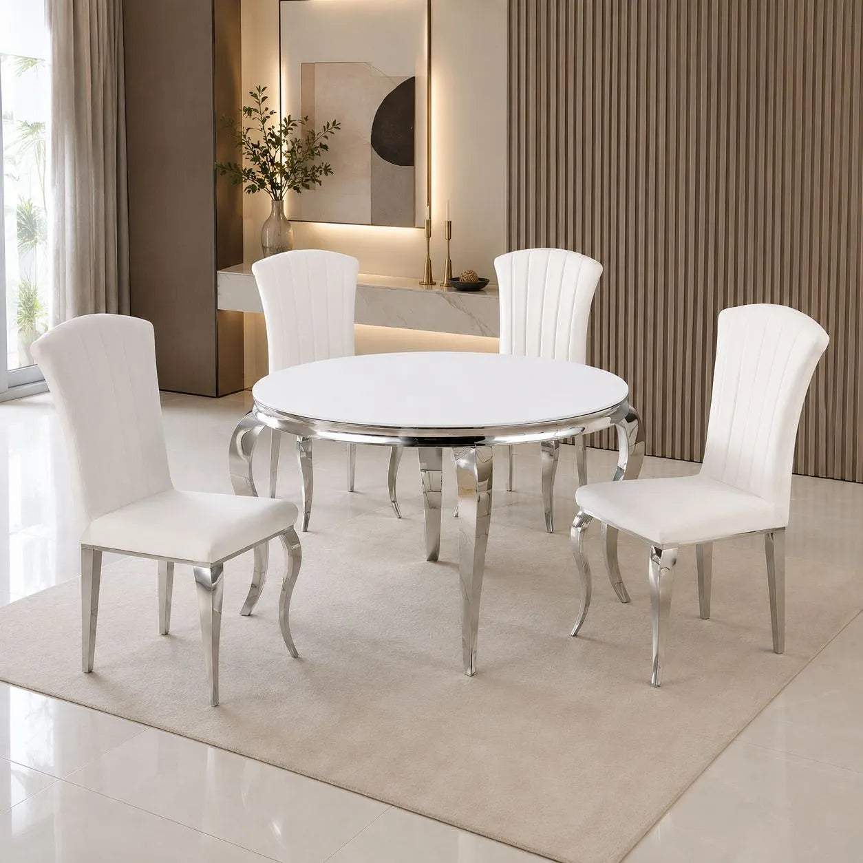 Table avec 4 chaises ronde argent blanc NEO