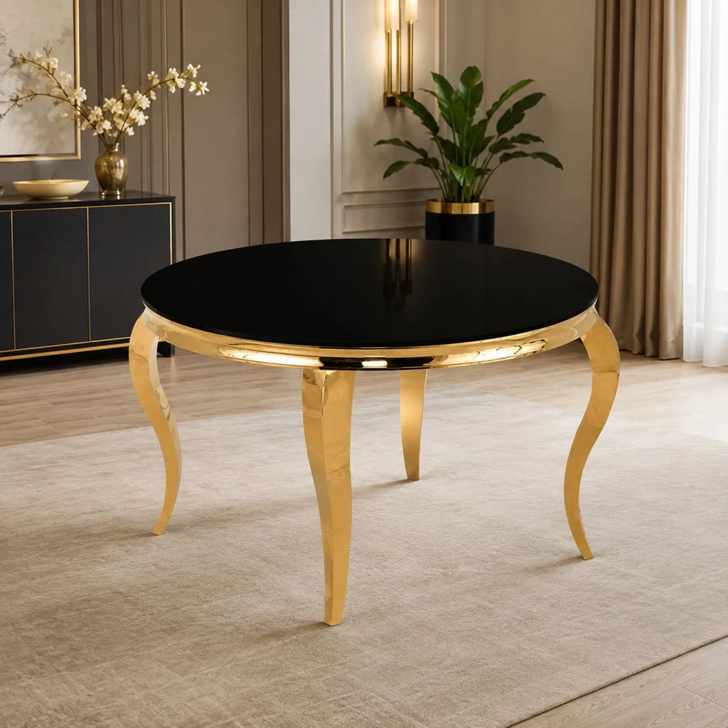 Table avec 4 chaises ronde dorée noir NEO