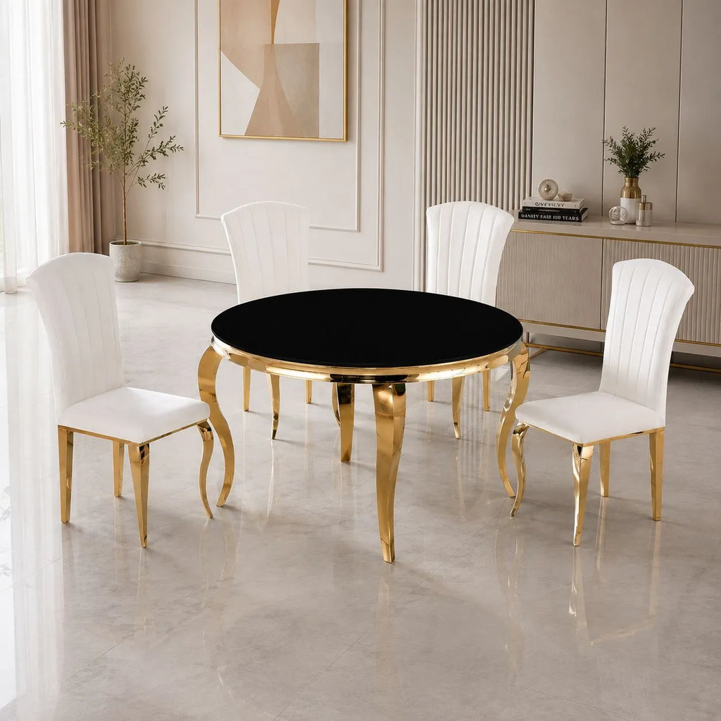 Table avec 4 chaises ronde dorée noir NEO