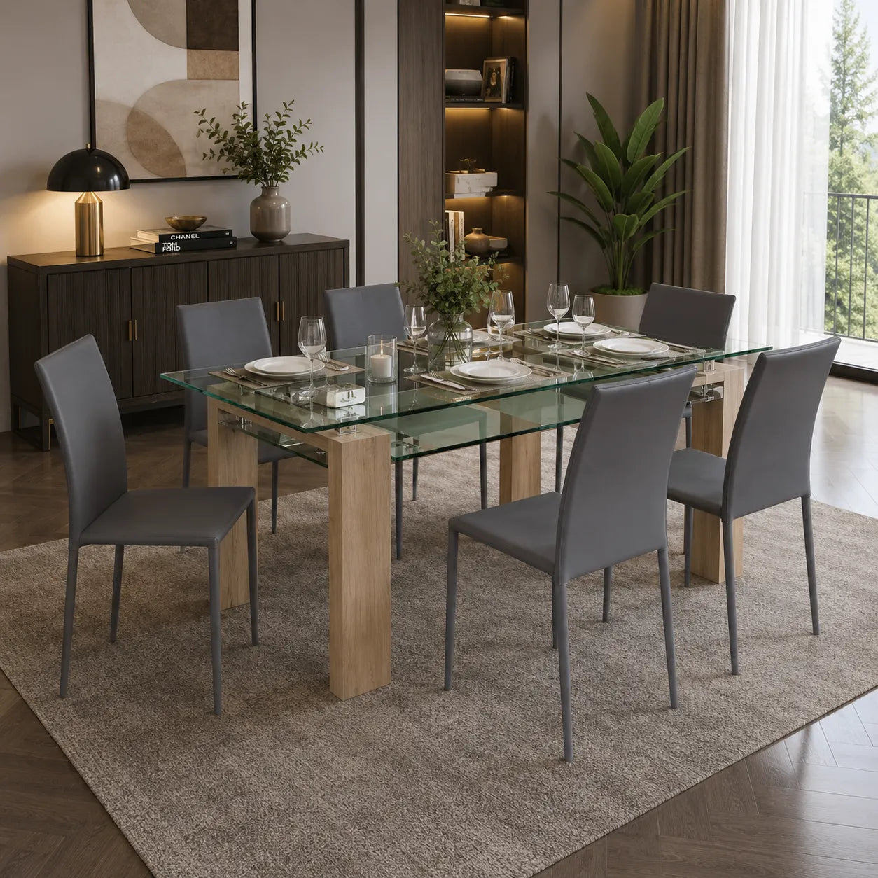 Table avec 6 chaises grises 