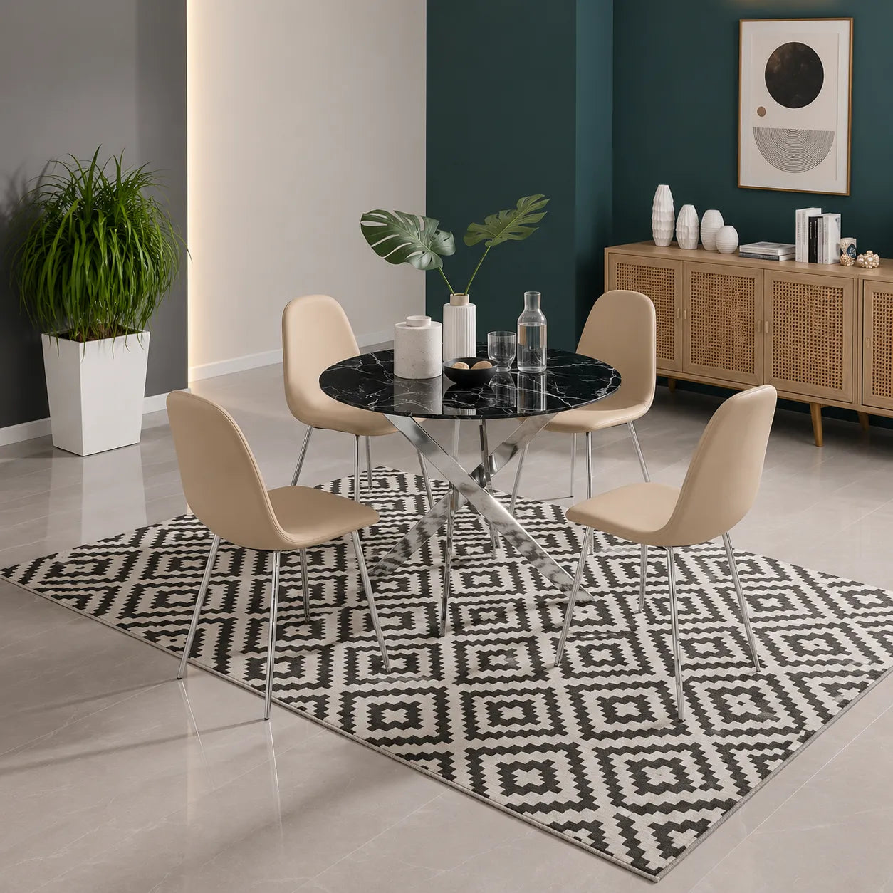 Table avec chaises avec argent pieds