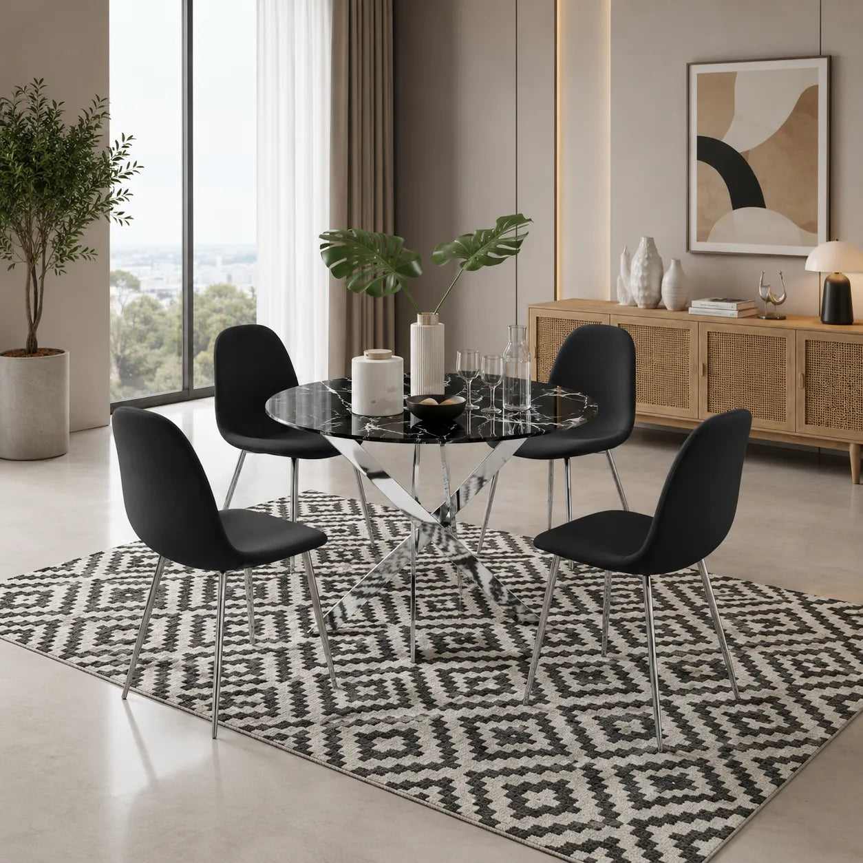 Table avec chaises avec argent pieds