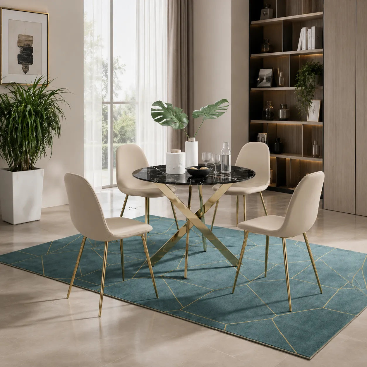 Table avec chaises avec doree pieds