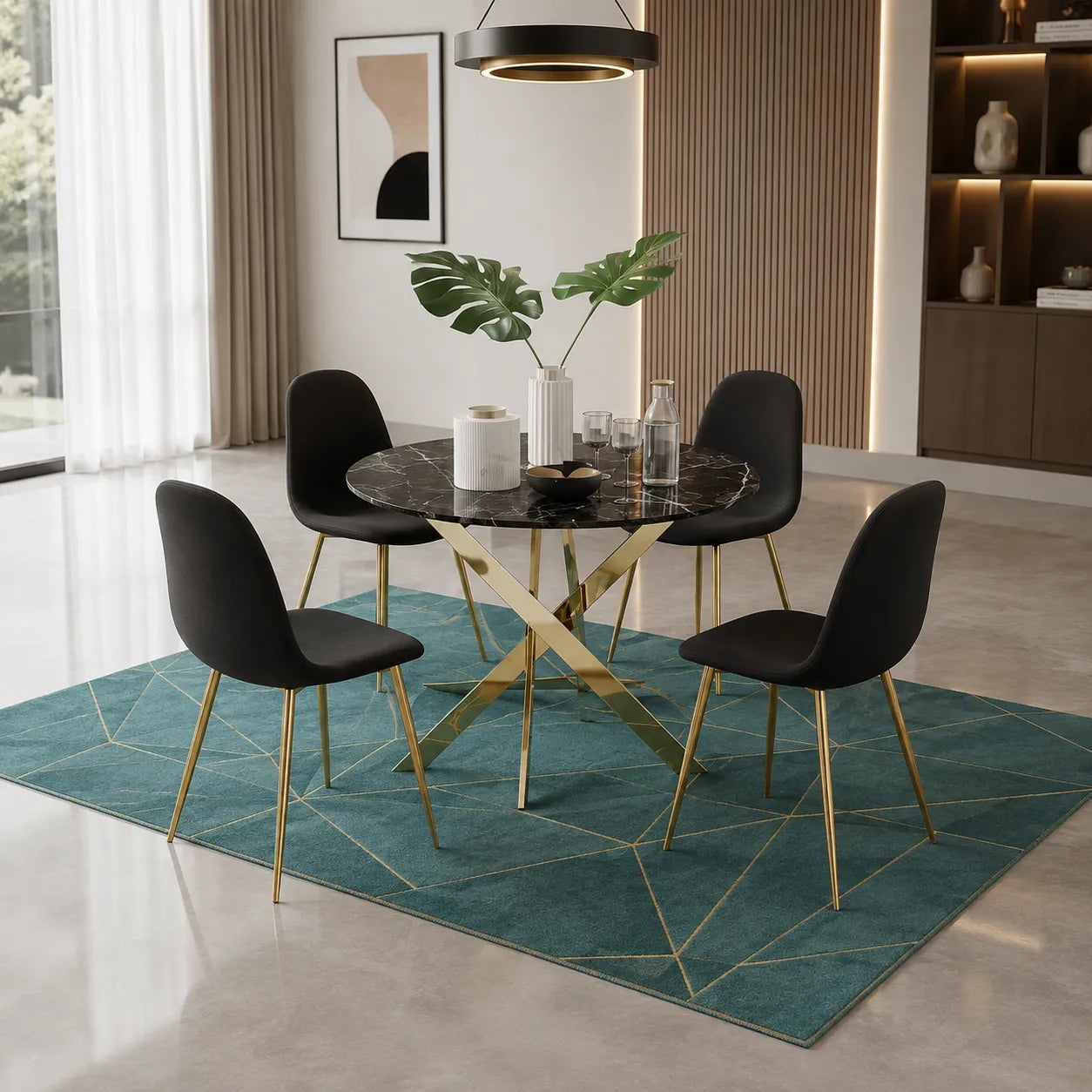 Table avec chaises avec doree pieds