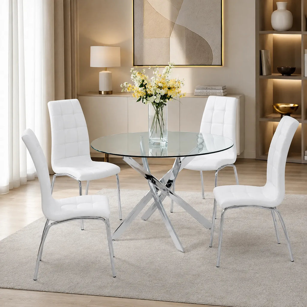Table chromé 4 ou 6 chaises blanches DESIGN